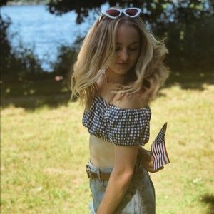 J Crew blue/white checkered crop top puffy sleeves